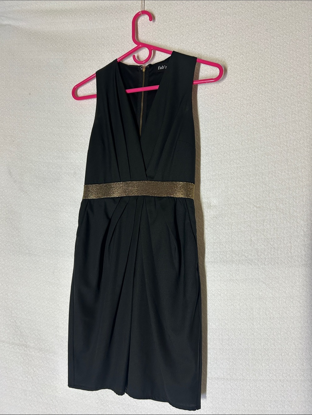 fab'rik Black V-Neck Dress with Metallic Gold Waistband